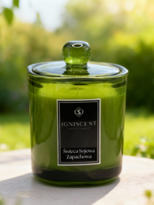 Letni ogród Świeca sojowa zapachowa, świeca pachnąca ogrodem w lecie, piękna zielona świeca