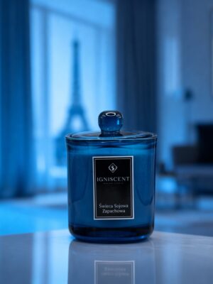 świeca sojowa zapachowa Paryskie życie, niebieska piękna świeca sojowa