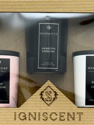 Zestaw trzech świec zapachowych w kolorowym szkle z drewnianymi nakrywkami. gotowy, elegancki prezent.