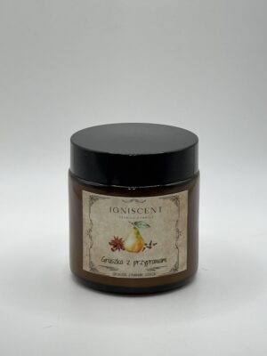 Świeca sojowa zapachowa gruszka z przyprawami 120 ml. Mała świeca w słoiczku